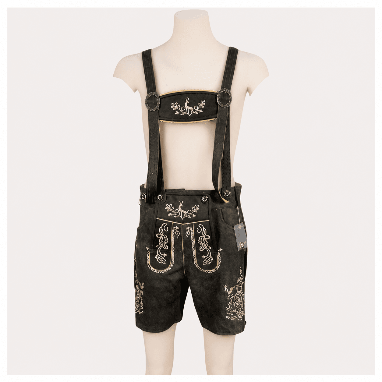 Bavarian Style Lederhosen Men in Chic Black with embroidered stag design, adjustable suspenders, and traditional black leather finish