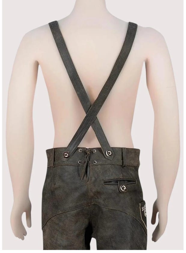 Bavarian Style Lederhosen Men in Chic Black with embroidered stag design, adjustable suspenders, and traditional black leather finish