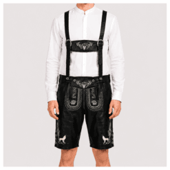 Handcrafted Vintage German Premium Lederhosen in black buffalo leather with embroidered suspenders