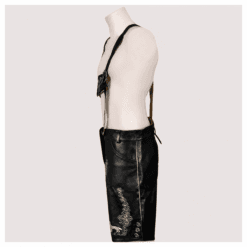 Side view of handcrafted vintage German premium buffalo leather Lederhosen with embroidered pocket