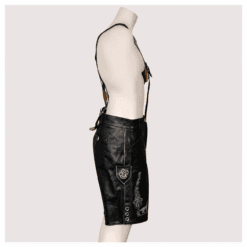 Profile view of handcrafted vintage German premium Lederhosen with traditional suspenders