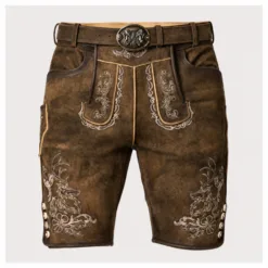 Angled front view of Men's Bavarian Leather Lederhosen with traditional belt