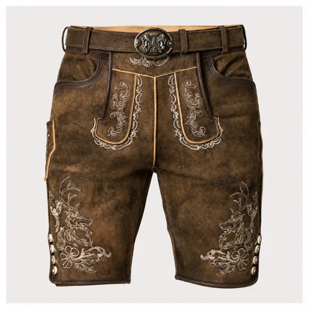 Angled front view of Men's Bavarian Leather Lederhosen with traditional belt