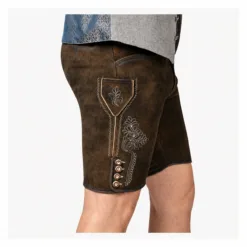 Side profile of Men's Dark Brown Leather Lederhosen with embroidered utility pocket