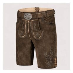Authentic Men's Bavarian Lederhosen in distressed brown suede leather with traditional embroidered detailing and matching belt.