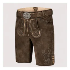 Authentic Men's Bavarian Lederhosen in distressed brown suede leather with traditional embroidered detailing and matching belt.