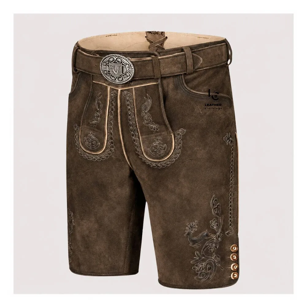 Authentic Men's Bavarian Lederhosen in distressed brown suede leather with traditional embroidered detailing and matching belt.