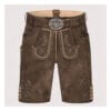 Authentic Men's Bavarian Lederhosen in distressed brown suede leather with traditional embroidered detailing and matching belt.