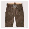 Authentic Men's Bavarian Lederhosen in distressed brown suede leather with traditional embroidered detailing and matching belt.
