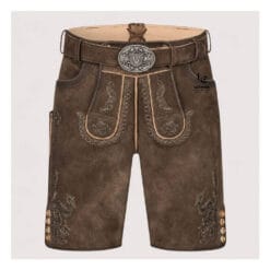 Authentic Men's Bavarian Lederhosen in distressed brown suede leather with traditional embroidered detailing and matching belt.