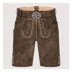 Authentic Men's Bavarian Lederhosen in distressed brown suede leather with traditional embroidered detailing and matching belt.
