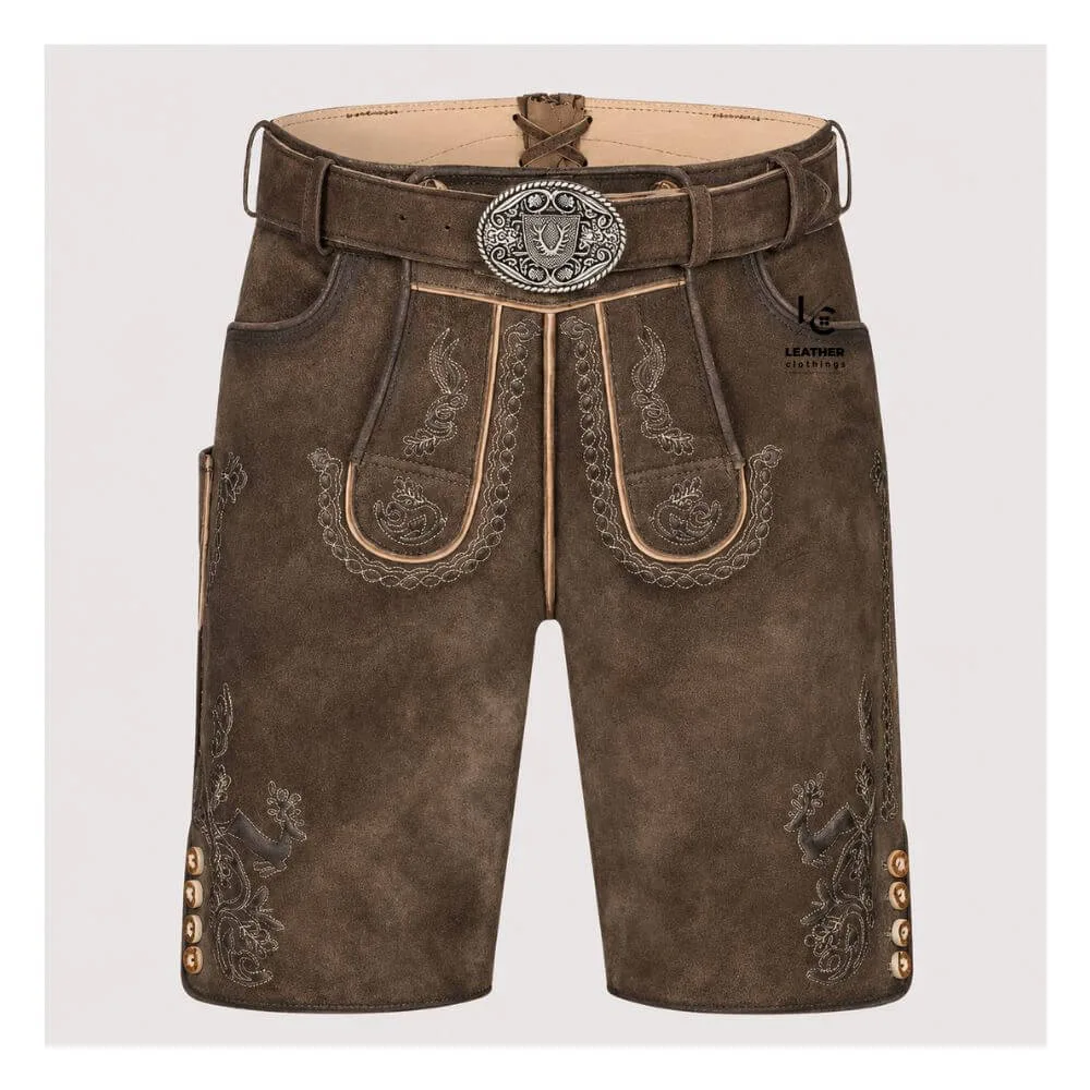 Authentic Men's Bavarian Lederhosen in distressed brown suede leather with traditional embroidered detailing and matching belt.
