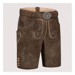 Authentic Men's Bavarian Lederhosen in distressed brown suede leather with traditional embroidered detailing and matching belt.