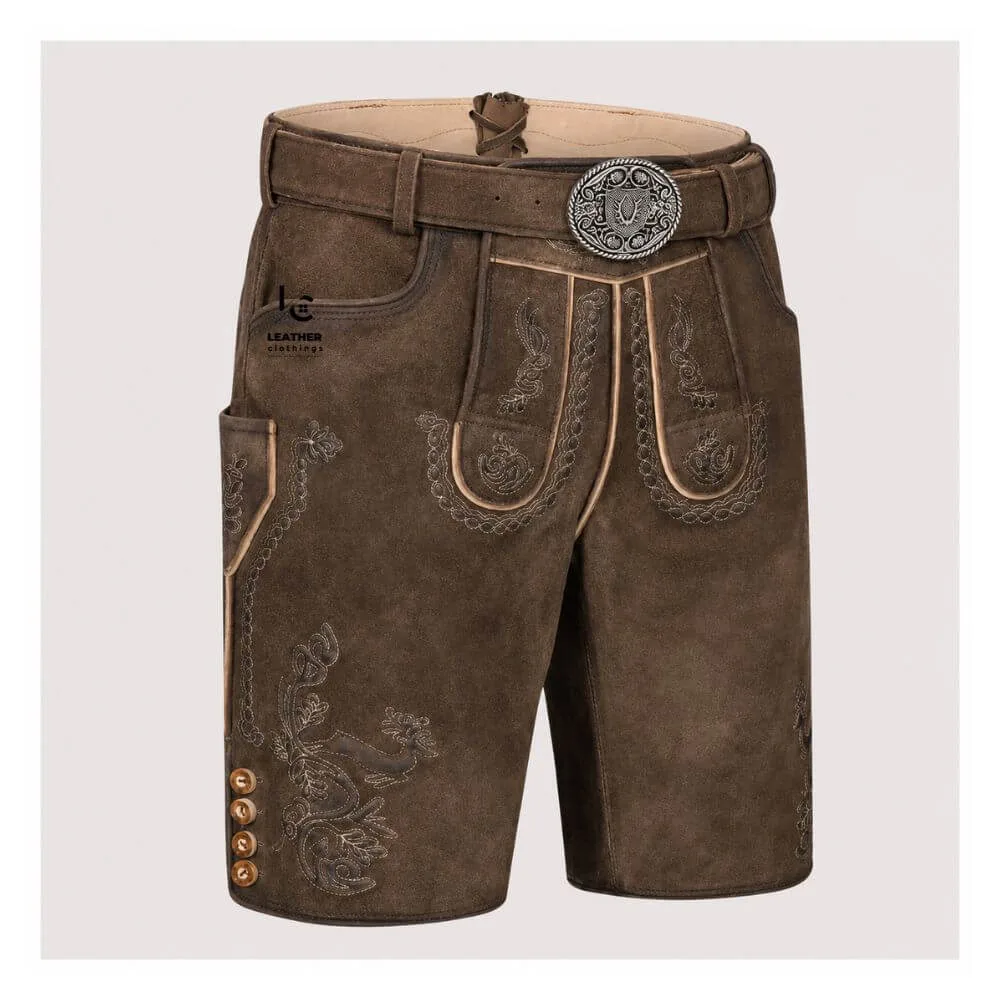 Authentic Men's Bavarian Lederhosen in distressed brown suede leather with traditional embroidered detailing and matching belt.