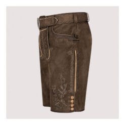 Authentic Men's Bavarian Lederhosen in distressed brown suede leather with traditional embroidered detailing and matching belt.