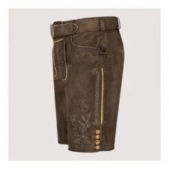 Authentic Men's Bavarian Lederhosen in distressed brown suede leather with traditional embroidered detailing and matching belt.