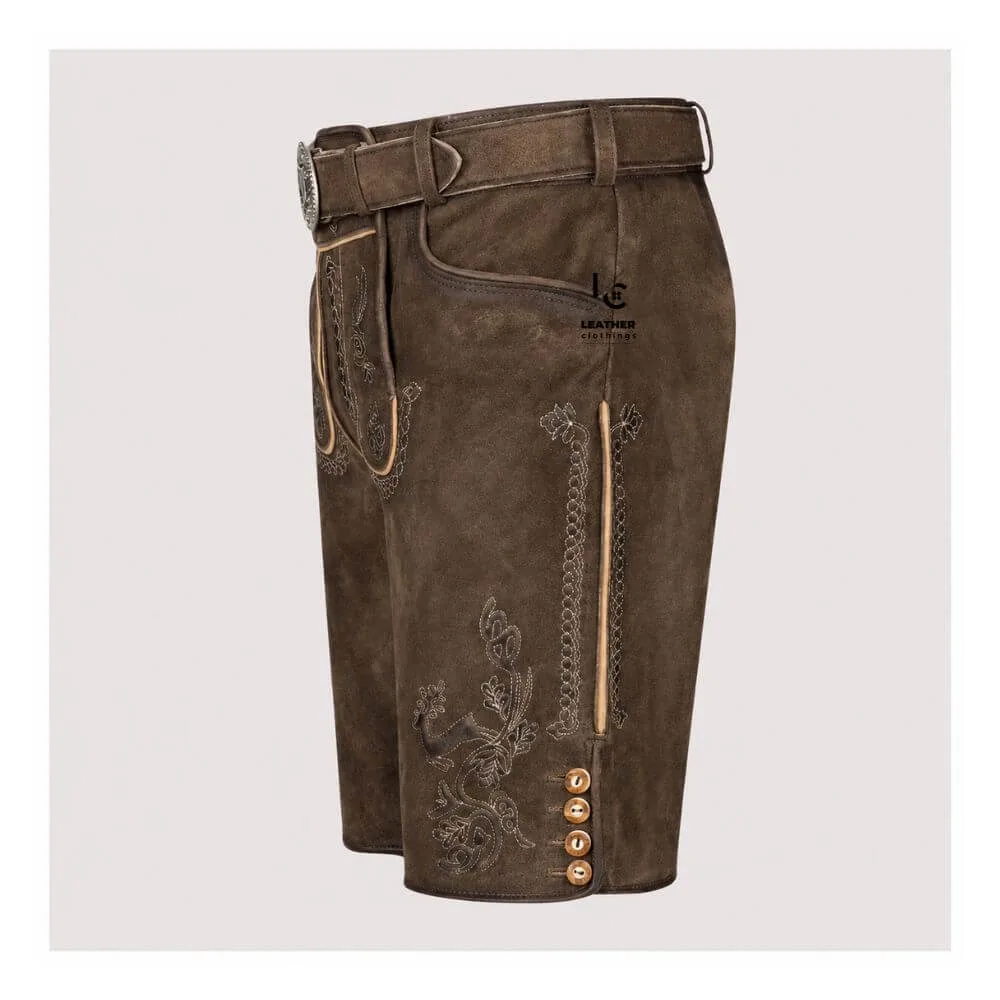 Authentic Men's Bavarian Lederhosen in distressed brown suede leather with traditional embroidered detailing and matching belt.