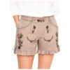 Beige Suede Women's Lederhosen with coral floral embroidery and ruffle hem in genuine leather