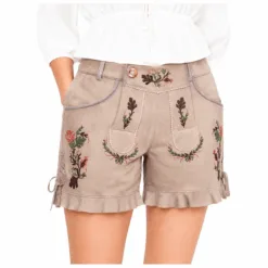 Beige Suede Women's Lederhosen with coral floral embroidery and ruffle hem in genuine leather