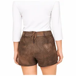 Back view of Brown Suede Women's Lederhosen featuring heart leather patch detail