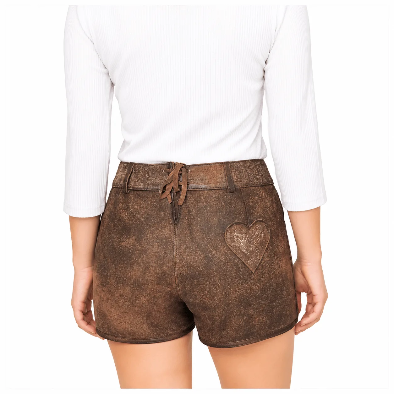 Back view of Brown Suede Women's Lederhosen featuring heart leather patch detail