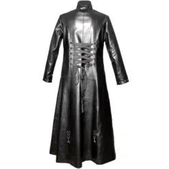 Men’s gothic leather long coat back view with lace-up detailing and full length silhouette