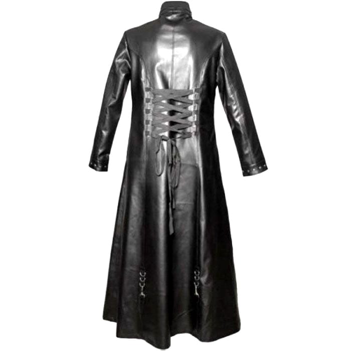 Men’s gothic leather long coat back view with lace-up detailing and full length silhouette