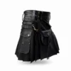 Men's black leather utility kilt with detachable leather sporran, utility pockets and antique brass buckles