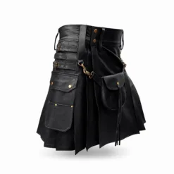 Men's black leather utility kilt with detachable leather sporran, utility pockets and antique brass buckles
