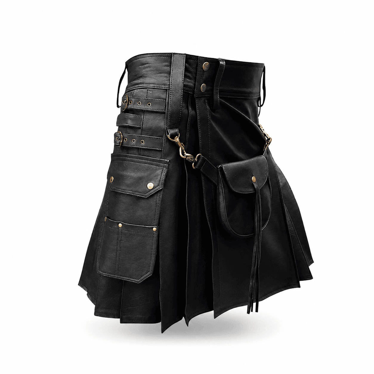 Men's black leather utility kilt with detachable leather sporran, utility pockets and antique brass buckles