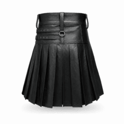 Rear view of men's black leather utility kilt with pleated back and adjustable buckle straps