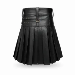 Rear view of men's black leather utility kilt with pleated back and adjustable buckle straps