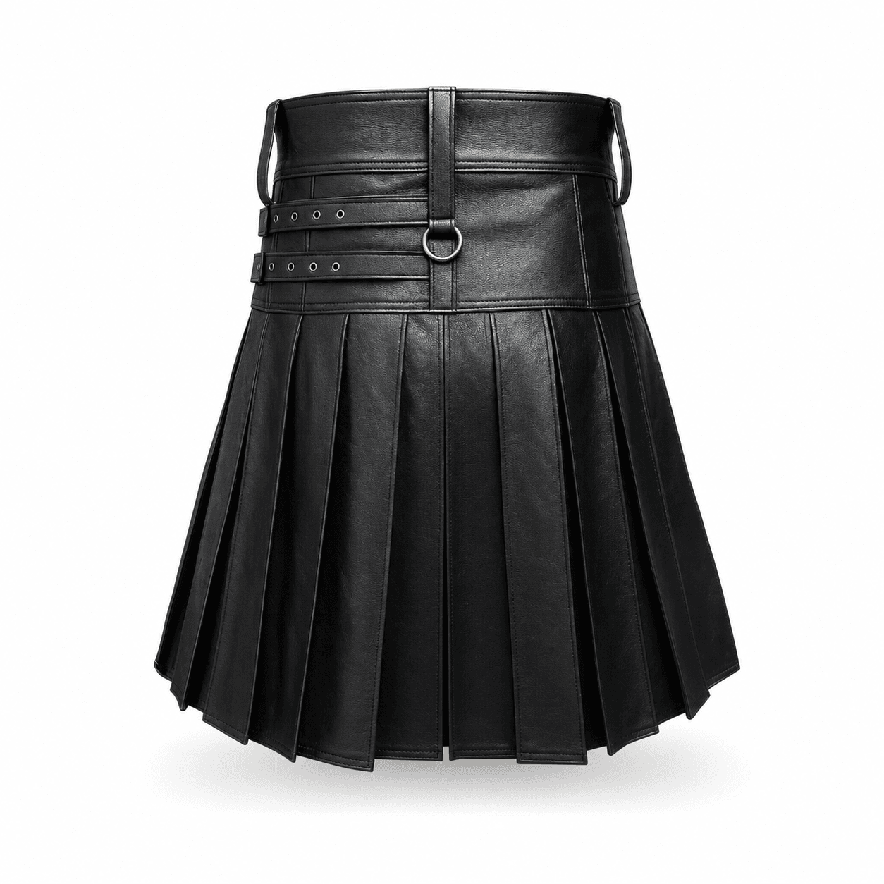 Rear view of men's black leather utility kilt with pleated back and adjustable buckle straps