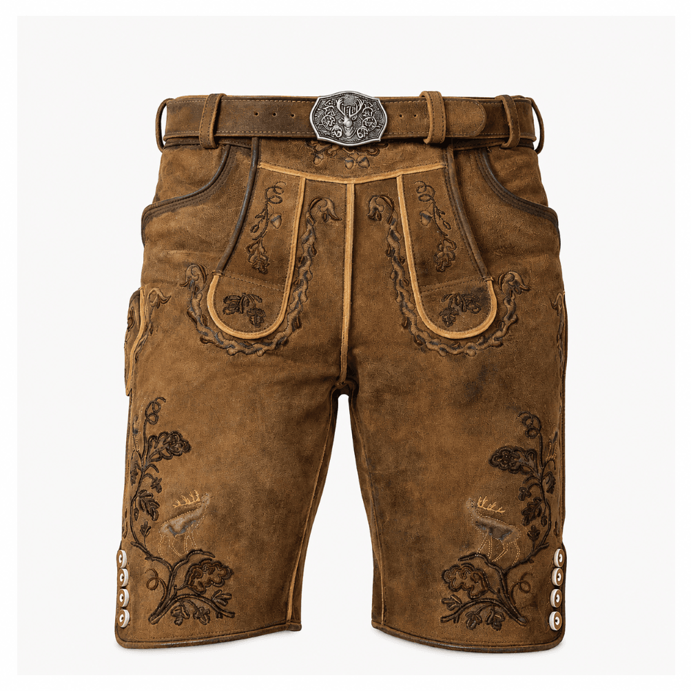 Men's Brown Traditional Lederhosen front view in genuine suede leather