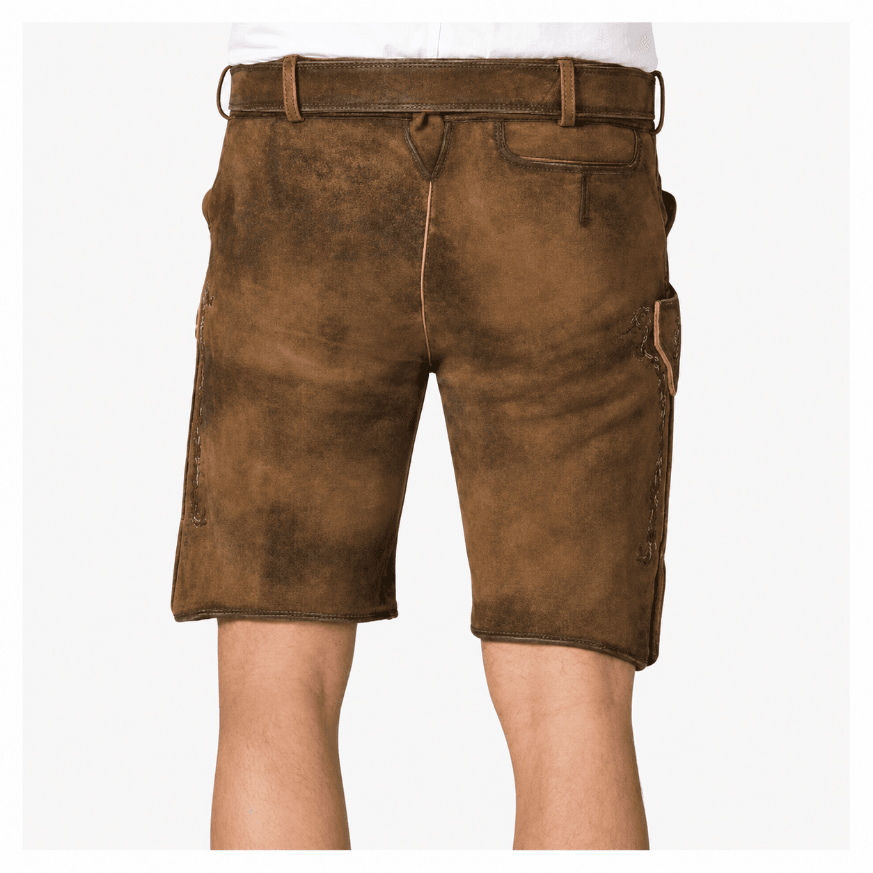 Rear view of Men's Brown Traditional Lederhosen in distressed suede leather