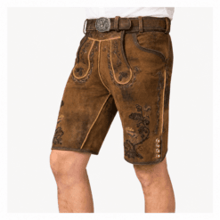 Front angled view of Men's Brown Traditional Lederhosen with floral Bavarian embroidery