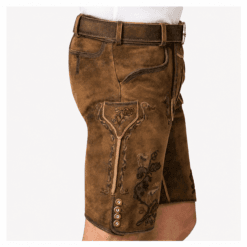 Right side view of Men's Brown Traditional Lederhosen showing embroidered utility pocket