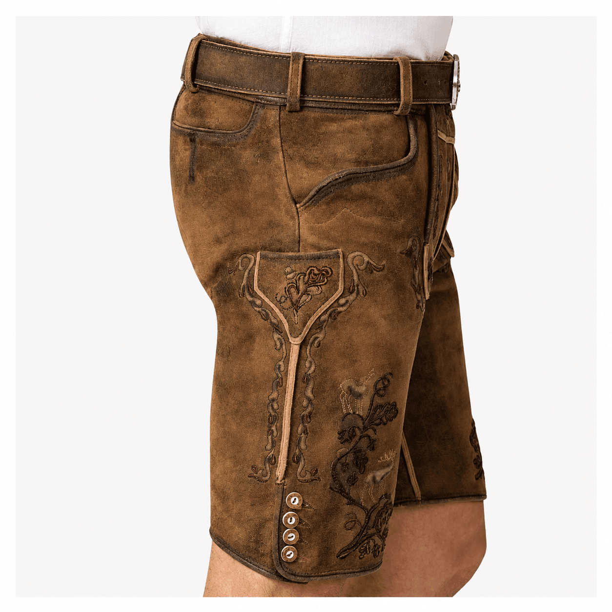 Right side view of Men's Brown Traditional Lederhosen showing embroidered utility pocket