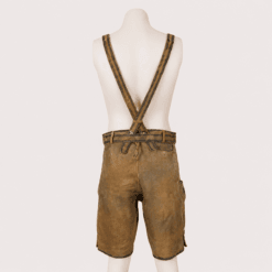 Back view of Men's Lederhosen with Suspenders featuring adjustable crossed suspenders, rear button pocket and lace-up waist.