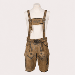 Men's Lederhosen with Suspenders in rustic tan genuine leather featuring embroidered flap, decorative belt buckle and traditional Bavarian design.