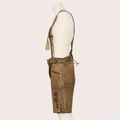 Left side view of Men's Lederhosen with Suspenders showing side utility pocket, decorative embroidery and buttoned leg opening.