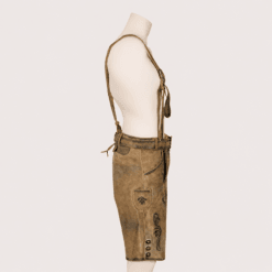 Right side profile of Men's Lederhosen with Suspenders displaying embroidered leg detail, utility pocket and authentic leather craftsmanship.