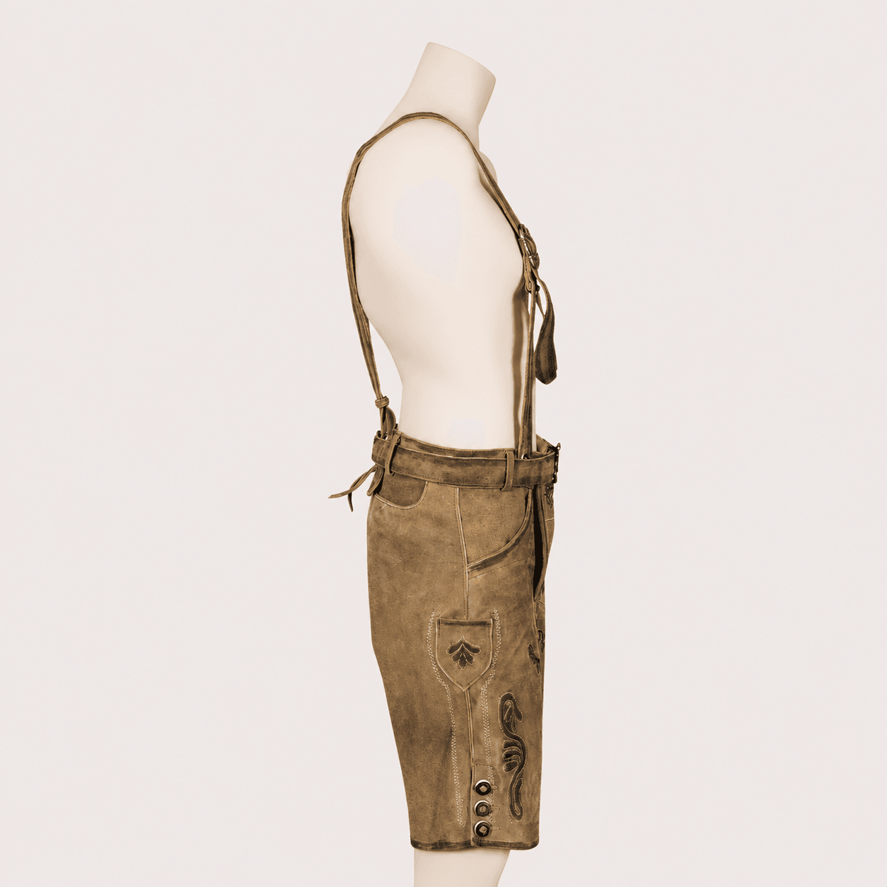 Right side profile of Men's Lederhosen with Suspenders displaying embroidered leg detail, utility pocket and authentic leather craftsmanship.