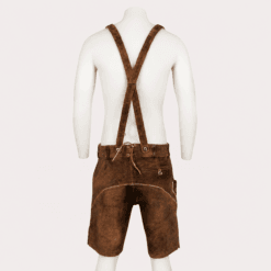 Men's Rustic Leather Lederhosen back view with crossed suspenders, rear lace adjustment, and buttoned back pocket in genuine brown leather.