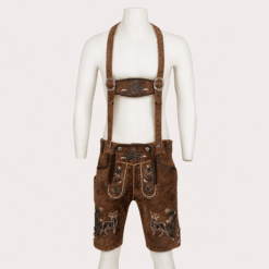 Men's Rustic Leather Lederhosen front view featuring embroidered stag motifs, floral Bavarian embroidery, adjustable suspenders, and genuine brown leather.