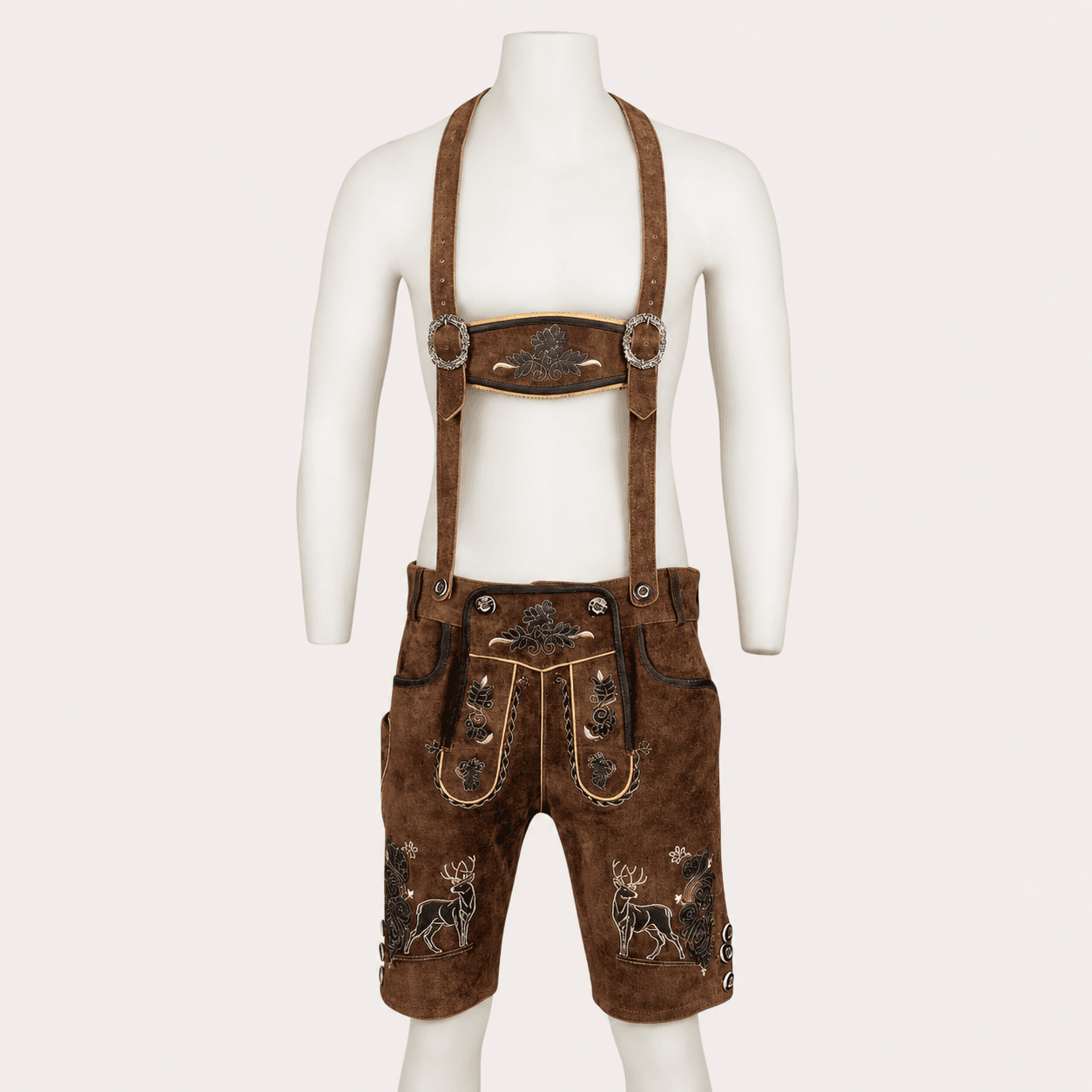 Men's Rustic Leather Lederhosen front view featuring embroidered stag motifs, floral Bavarian embroidery, adjustable suspenders, and genuine brown leather.