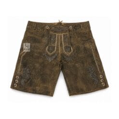 Aged Olive Suede Lederhosen with Alpine Crest Embroidery Front View