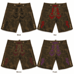 Aged olive suede lederhosen with Alpine Crest embroidery collage featuring Black, Red, Maroon, and Purple embroidery color options.