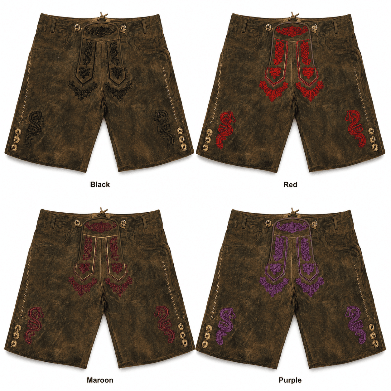 Aged olive suede lederhosen with Alpine Crest embroidery collage featuring Black, Red, Maroon, and Purple embroidery color options.