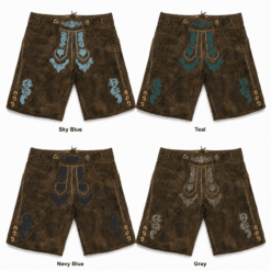 Aged olive suede lederhosen with Alpine Crest embroidery collage featuring Sky Blue, Teal, Navy Blue, and Gray embroidery color options.
